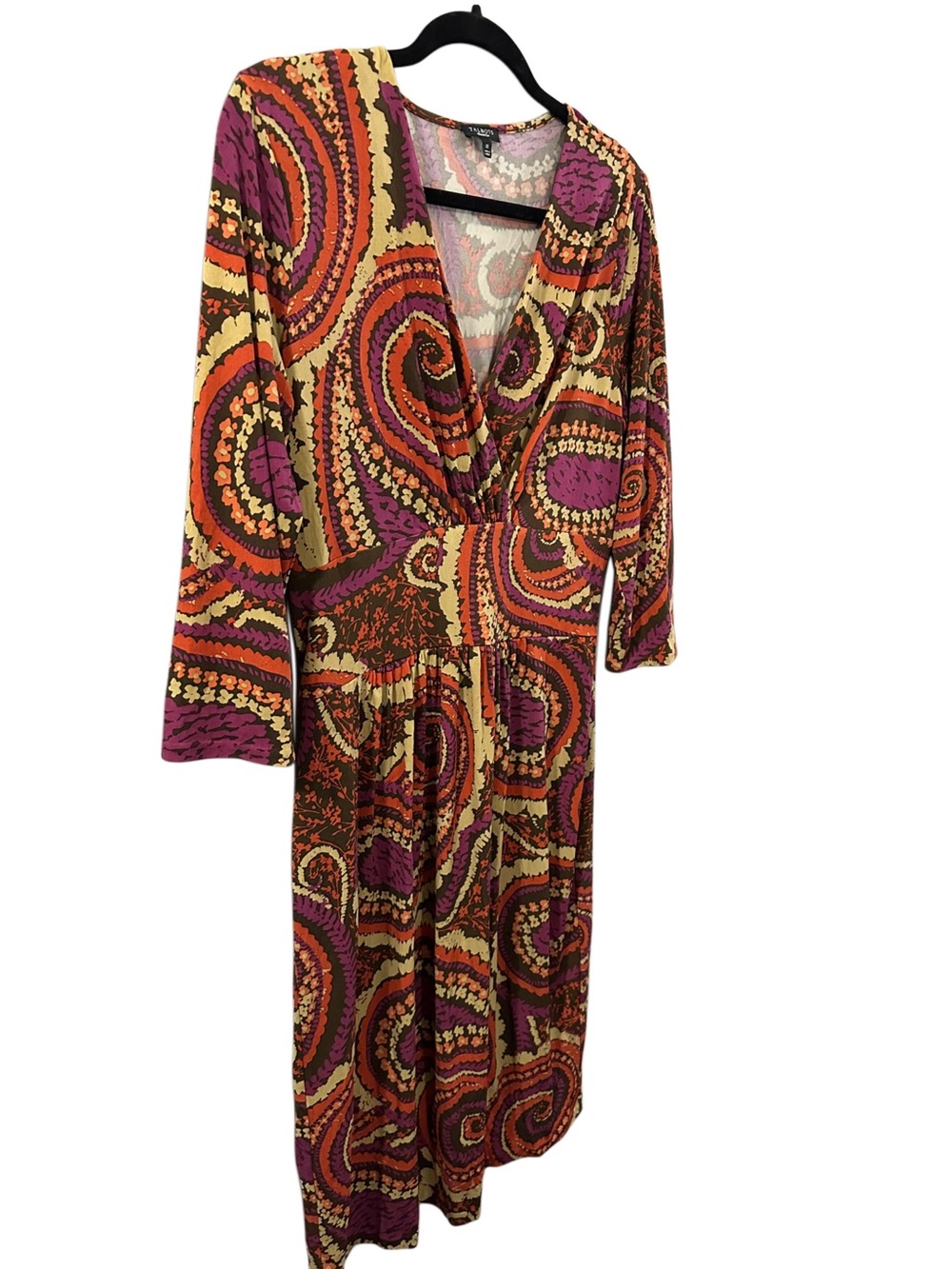 Talbots Paisley Print Faux Wrap Dress Sz 10 Boho Stretch Knee Length 3/4 Sleeve